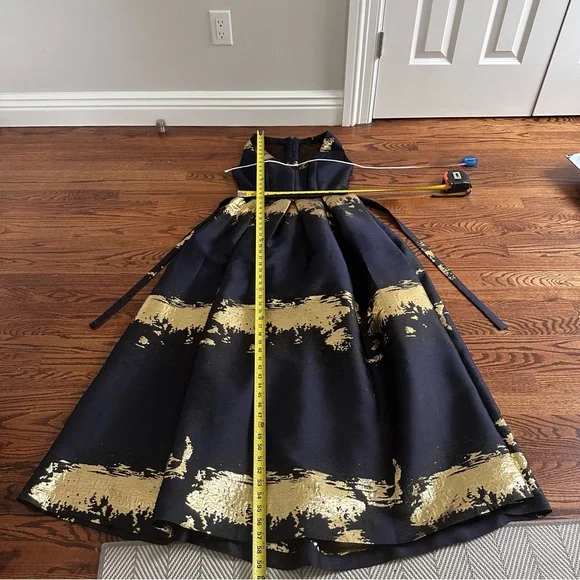 Alberto Makali Elegant Navy Gold V-Neck Sheer Back Wedding Guest Dress Size 6 - Picture 13 of 15